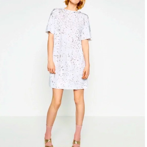 Zara Dresses & Skirts - Zara white sequin T shirt dress. Size S